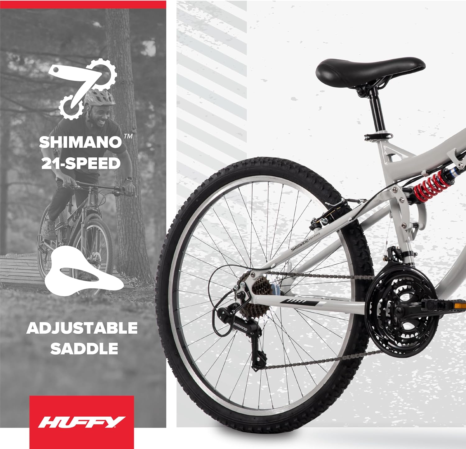 Huffy Stone Mountain Bike for Men and Women, 20'/24'/26', 6-Speed (20') or 21-Speed, Front or Dual Suspension (Varies), Multiple Colors, Adjustable Saddle, Shimano Equipped, All-Terrain Tires