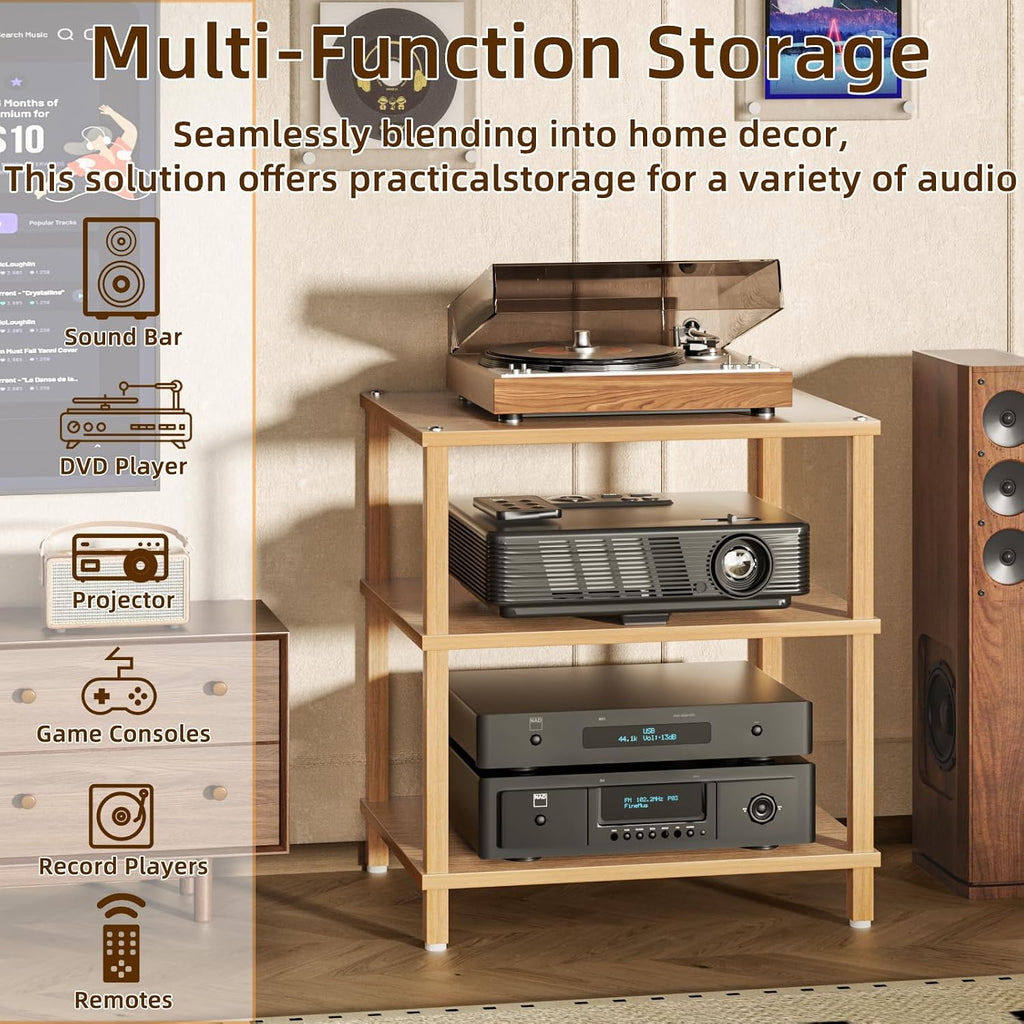 LELELINKY 3-Tier AV Media Player Stand Set of 2, Natural Stereo Cabinet, Wooden TV Stand,Game Console Shelf, Multifunctional Entertainment Center, Suitable for Home, Conference Room, Game Studio