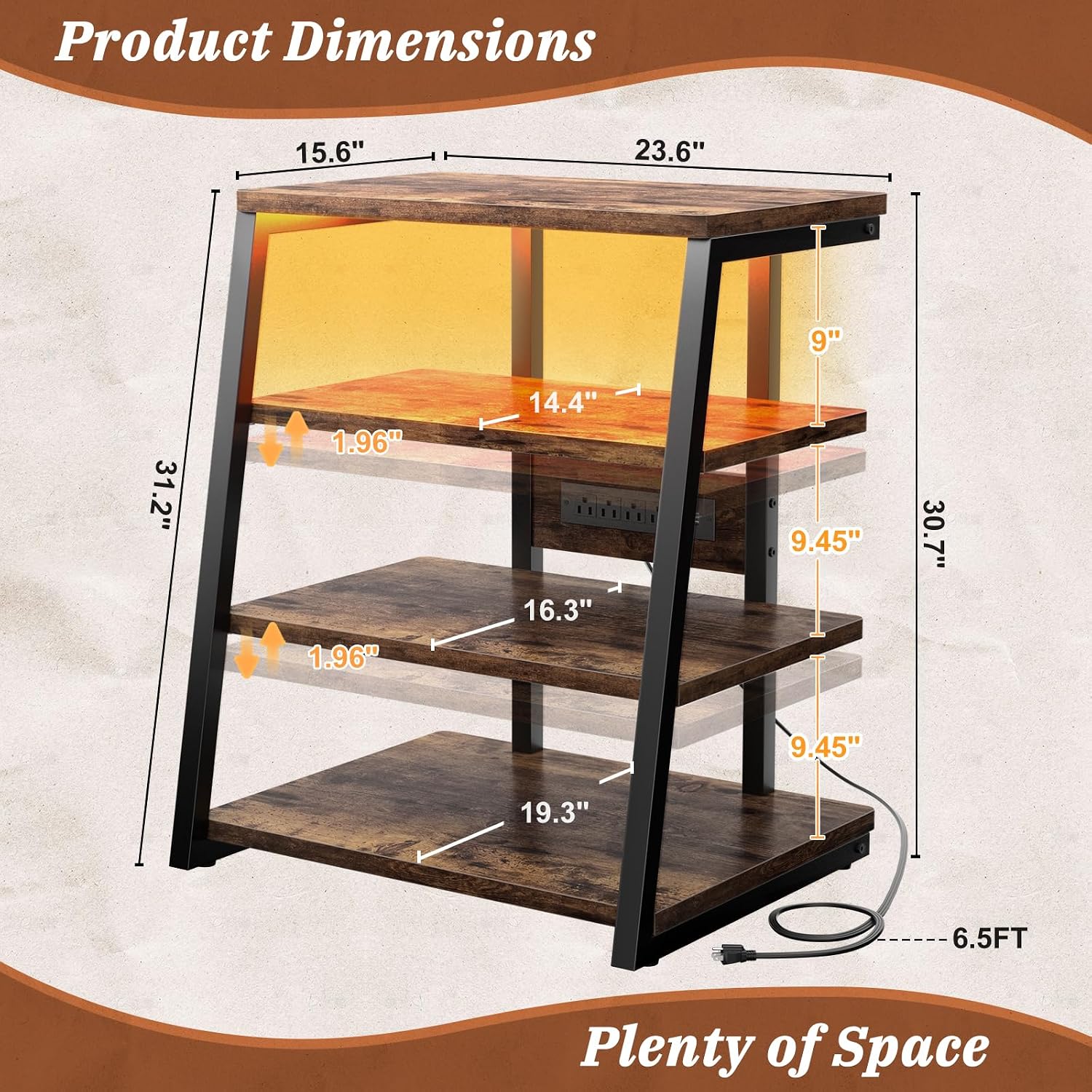Armocity 4-Tier AV Media Stand with Power Strips, Stereo Stand with LED Lights, Audio Tower Rack with Adjustable Shelves, Small Entertainment Center, 30'', Rustic Brown