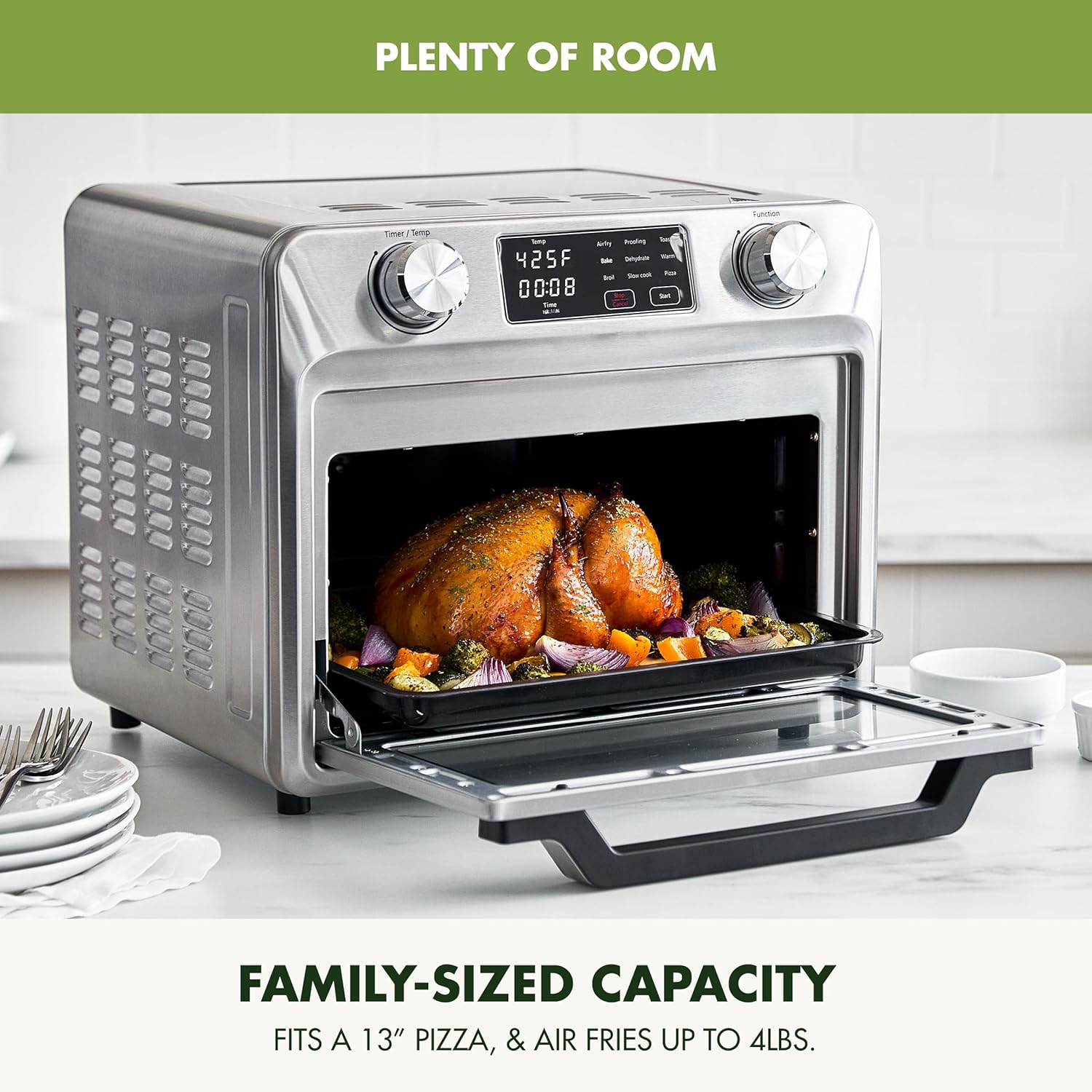 GreenPan Bistro Stainless Steel 9-in-1 Air Fry Oven, Nonstick Baking Pan, Stainless Steel Rack, and Basket, Fast Heating, Multifunction Presets, Cool-Touch Handle, PFAS-Free, Easy Cleanup Crumb Tray