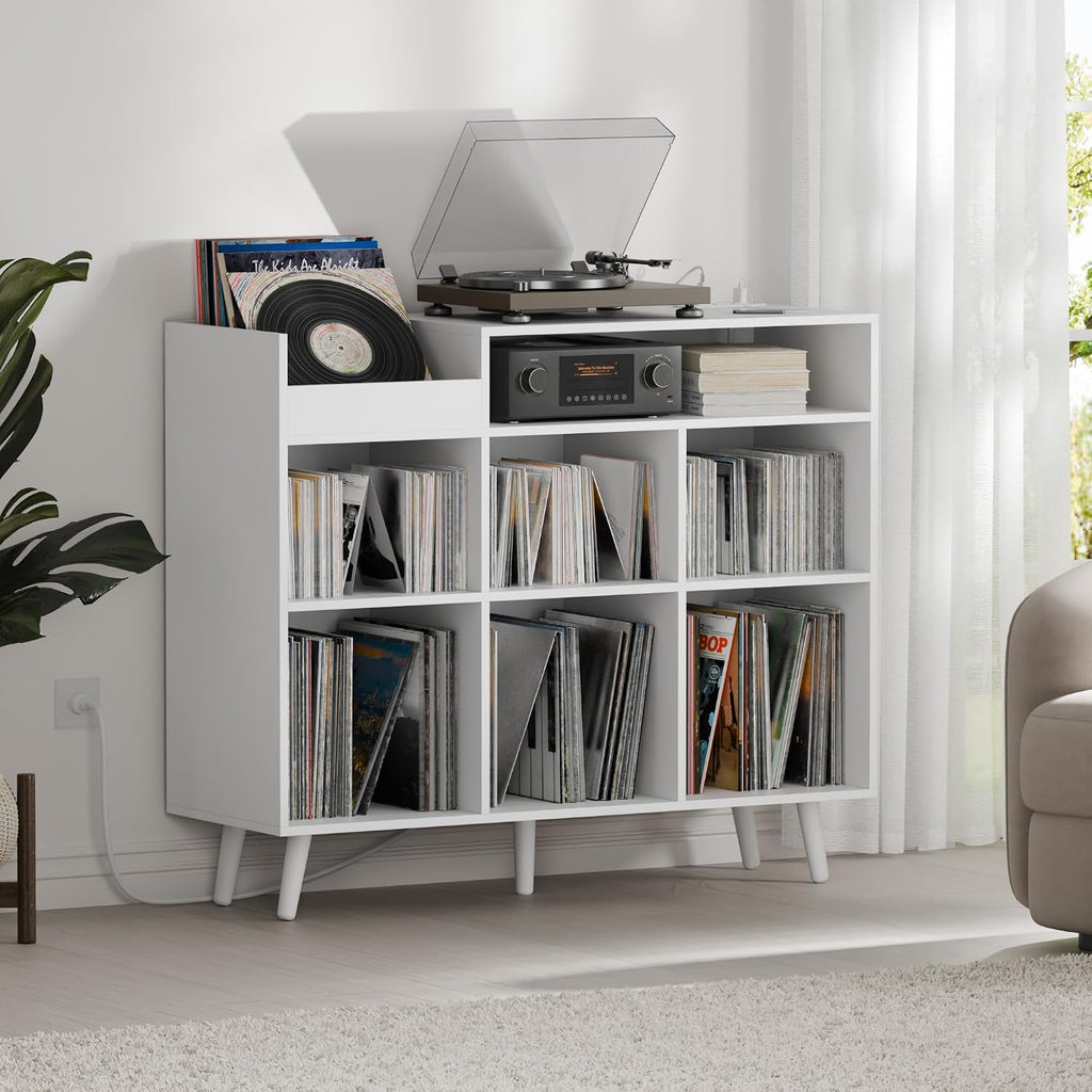 Cozy Castle Large Record Player Stand with Vinyl Storage Cabinet, Wood Turntable Table Open Shelf Holder Up to 500 Albums Cube Storage Organizer for Living Room, Office, White