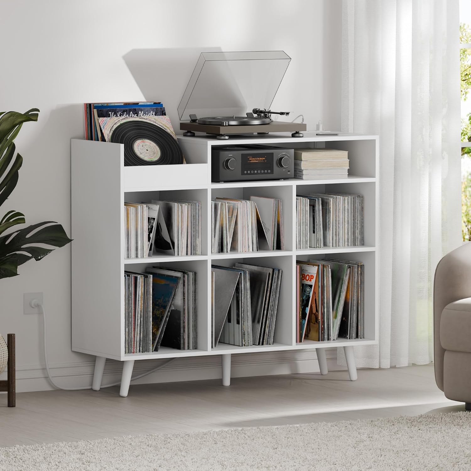 Cozy Castle Large Record Player Stand with Vinyl Storage Cabinet, Wood Turntable Table Open Shelf Holder Up to 500 Albums Cube Storage Organizer for Living Room, Office, White