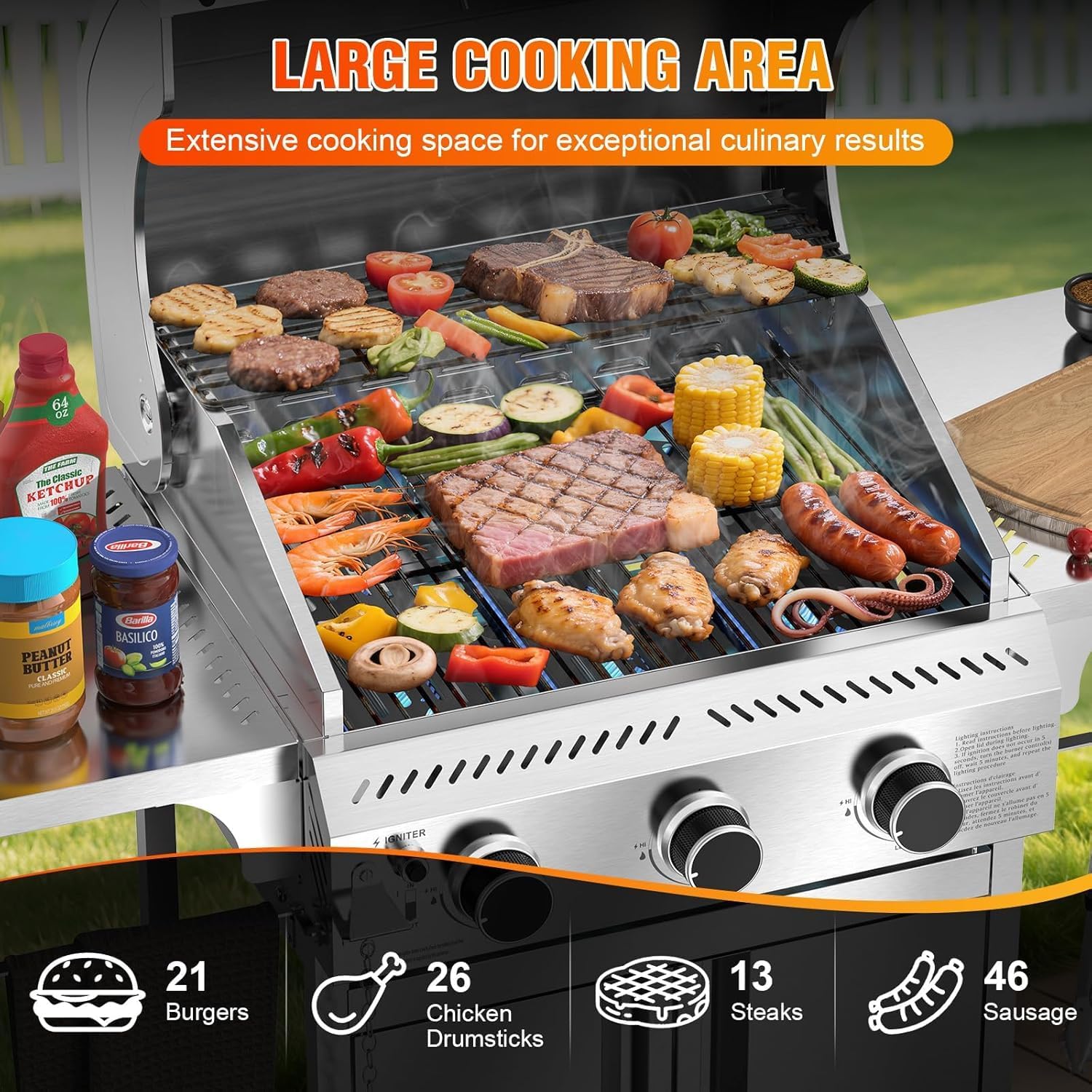 Electactic Propane Gas Grill, 3-Burner 24,000 BTU Stainless Steel BBQ Grill with Foldable Shelf for Outdoor Barbecue and Cooking