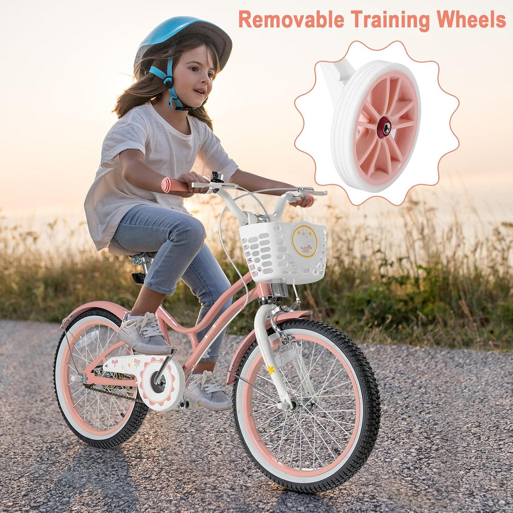 HONEY JOY Kids Bike, 12 14 16 18 20 Inch Toddler Bikes w/Training Wheels, Handbrake & Coaster Brake, Fully Enclosed Chain, Adjustable Handlebar & Seat, Kids Bicycle w/Basket, Girls Boys Bike 3-8