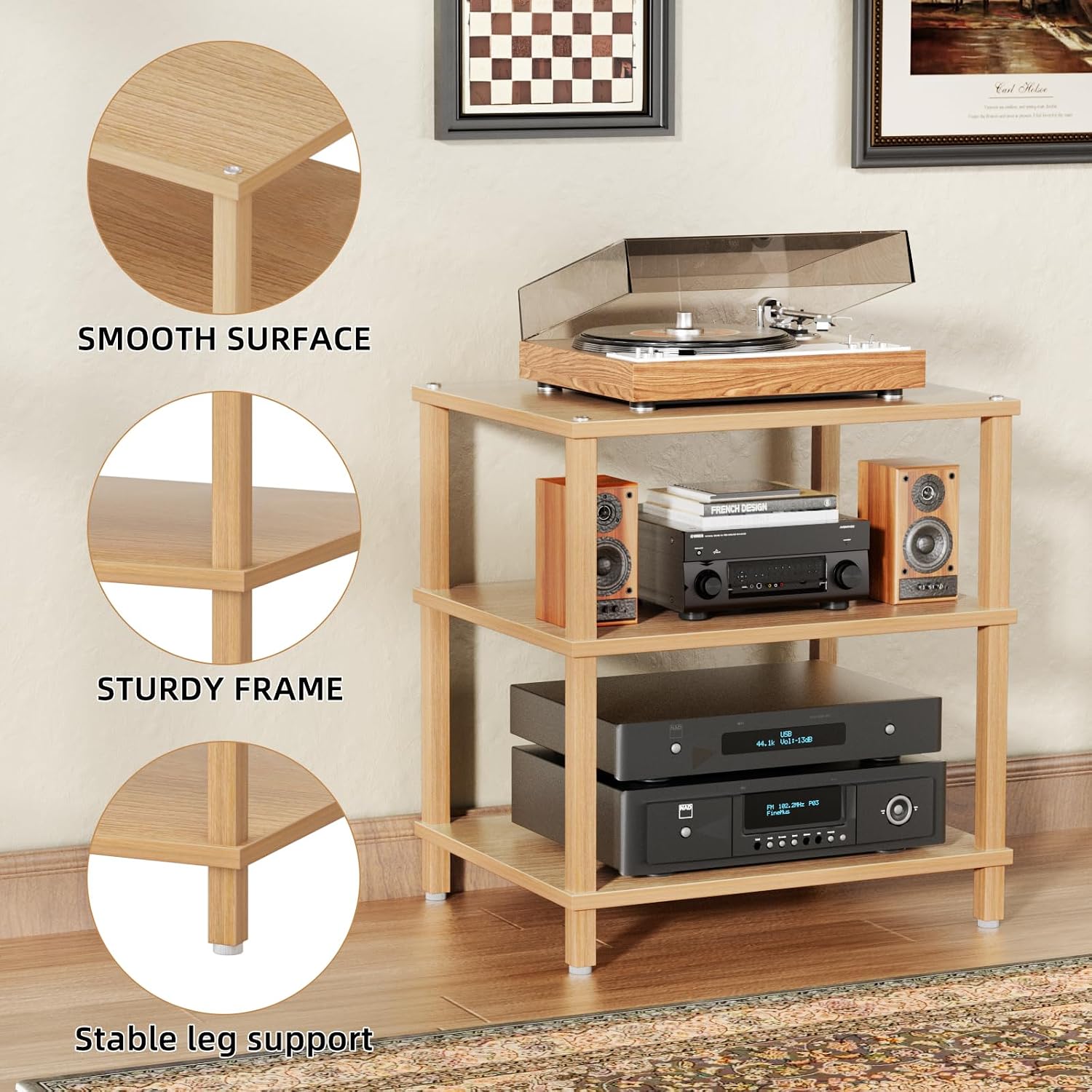 LELELINKY 3-Tier AV Media Player Stand Set of 2, Natural Stereo Cabinet, Wooden TV Stand,Game Console Shelf, Multifunctional Entertainment Center, Suitable for Home, Conference Room, Game Studio