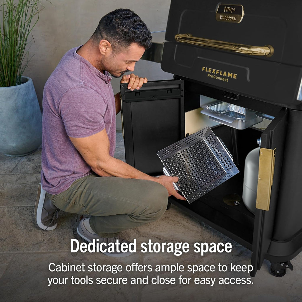 Ninja FlexFlame ProConnect Grill & Smoker | 5-in-1 Smart Cooking System | Electric & Propane | App-Connected | 3-Burner Digital Control | Roast, Griddle & Pizza Maker | Black/Gold | PG305