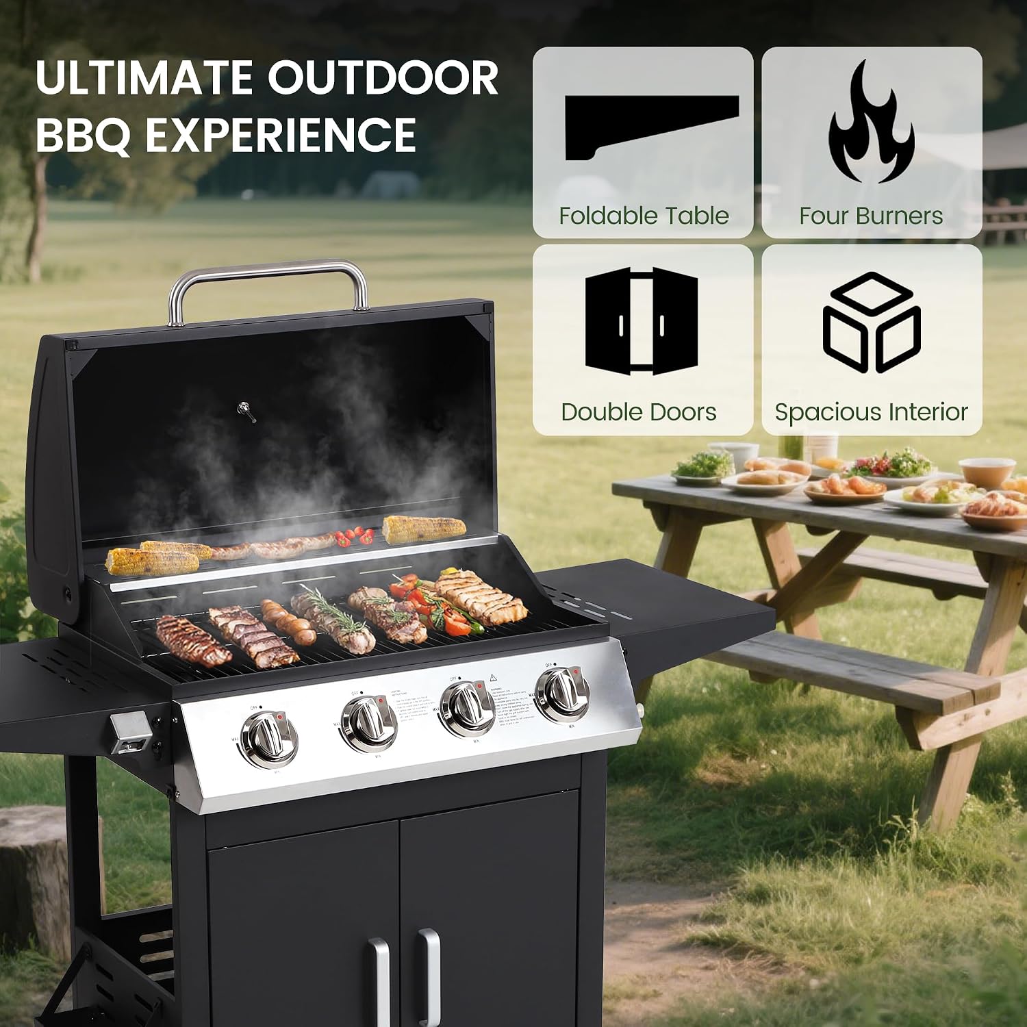 HUGROVE 4-Burner Propane Gas BBQ Grill, Upgraded 40,000 BTU Stainless Steel Barbecue Grill with Foldable Side Tables, Spice Rack & Wheels for Outdoor Cooking