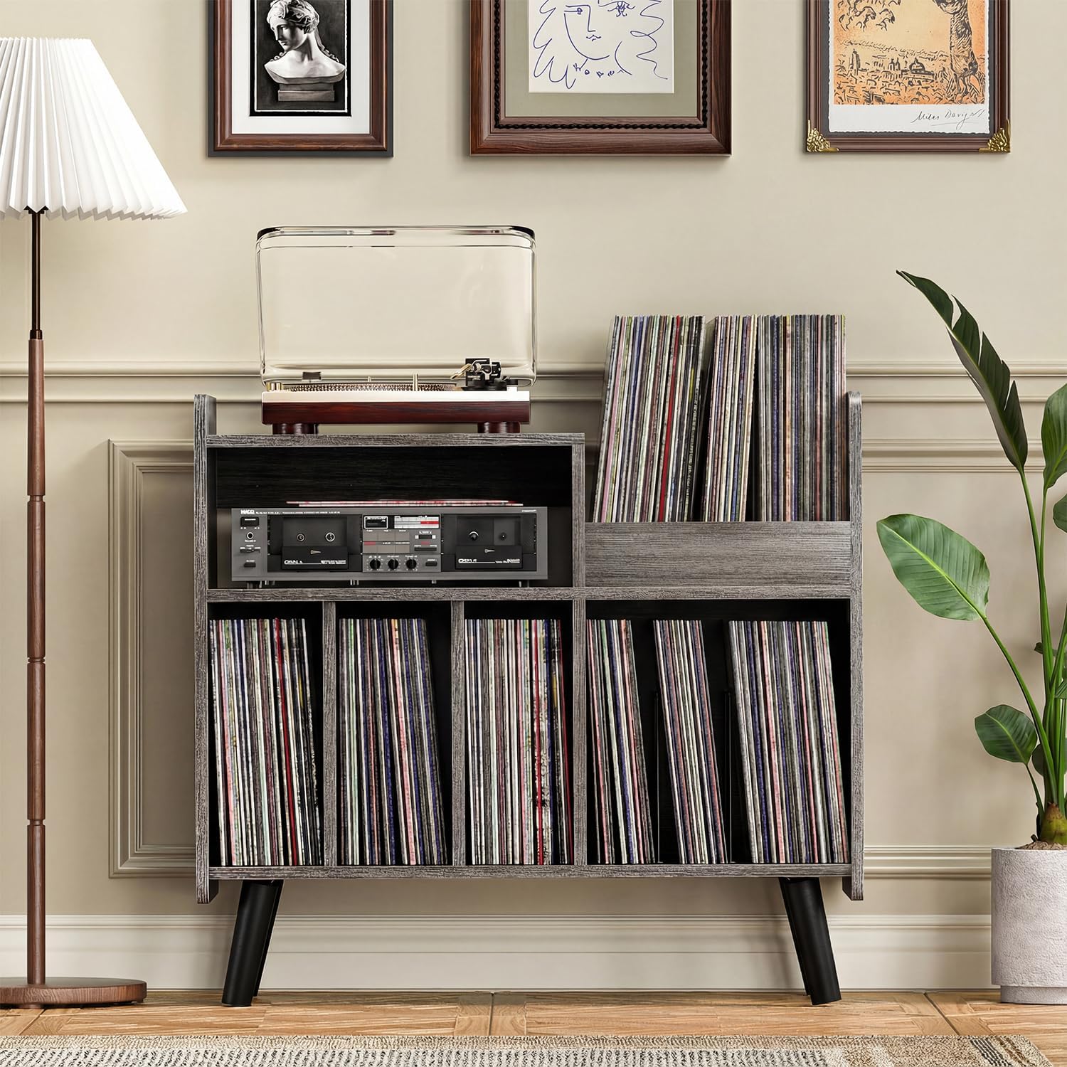 Record Player Stand, Large Record Player Table Cabinet with Open Vinyl Storage and Display Shelf Holds up to 250 Albums, Mid Century Wood Turntable for Living Room, Bedroom (Grey)