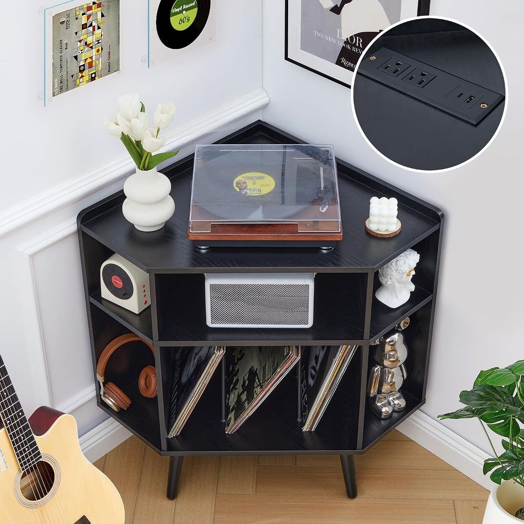 Corner Record Player Stand with Charging Station & USB Ports, 3 Tier Mid Century Modern Vinyl Record Storage Cabinet, Wood Turntable Stand for Music Room, Living Room, Small Space