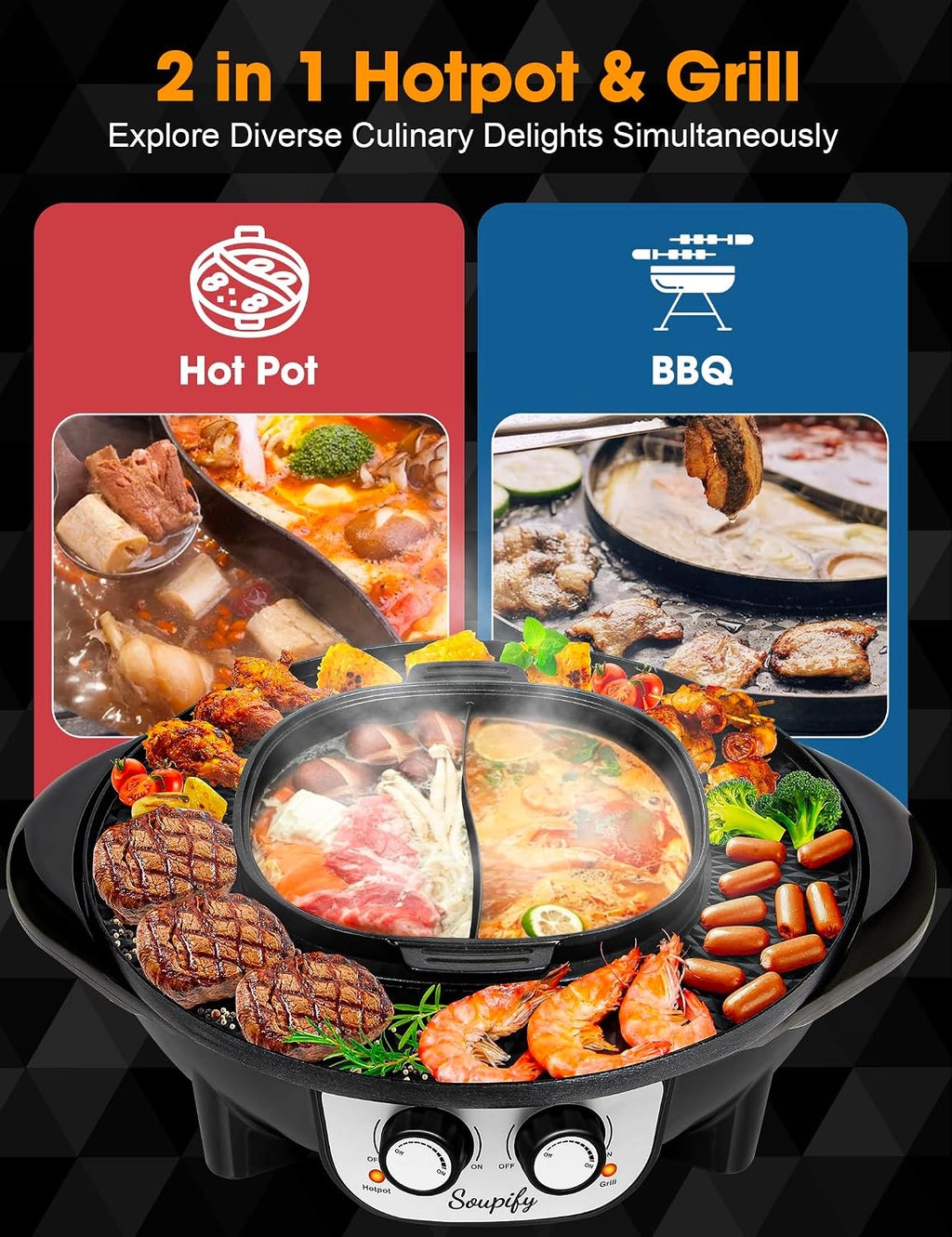 2 in 1 Hot Pot with Grill, Electric Korean BBQ Grill, Independent Dual Temperature Control & Non-stick Pan, Multi-function Smokeless Barbecue Grill for Family and Friends Gathering