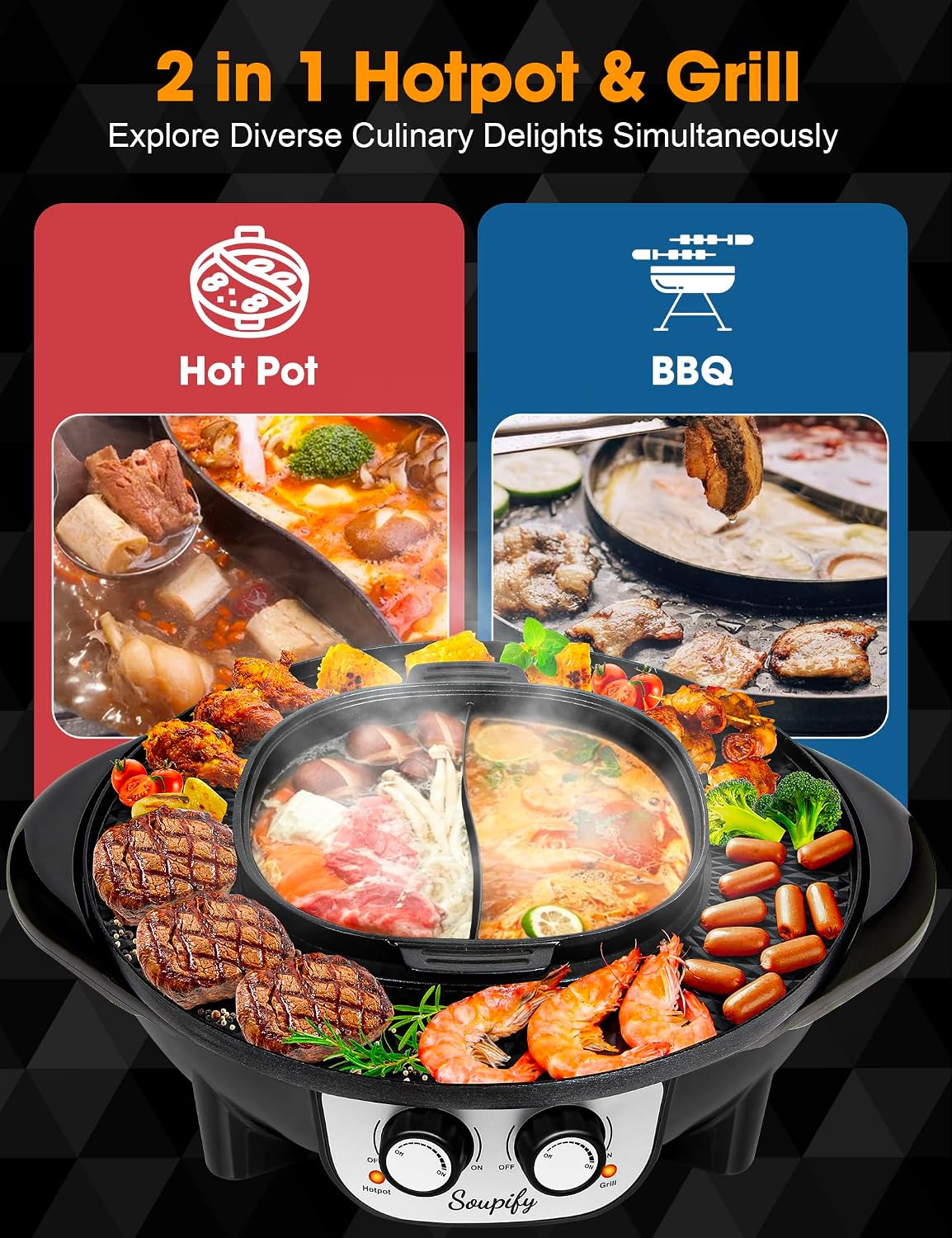 2 in 1 Hot Pot with Grill, Electric Korean BBQ Grill, Independent Dual Temperature Control & Non-stick Pan, Multi-function Smokeless Barbecue Grill for Family and Friends Gathering