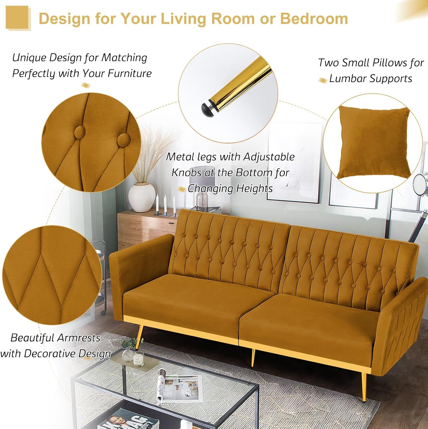 70' Velvet Futon Sofa Bed with 2 Pillows and Adjustable Armrests, Convertible Sleeper Bed W/Adjustable Backrests, Modern Loveseat for Living Room, Bedroom, Ginger