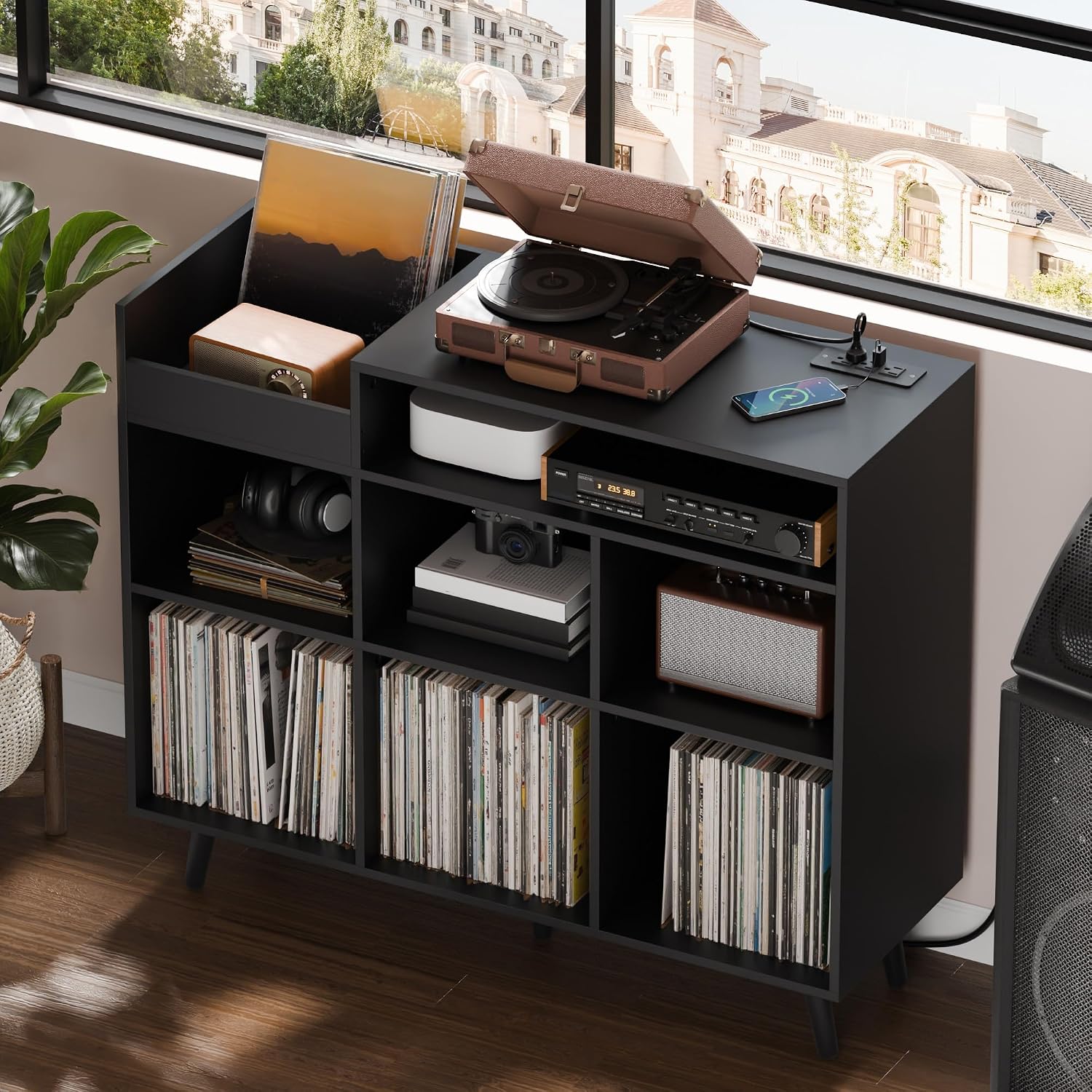Cozy Castle Large Record Player Stand with Vinyl Storage Cabinet, Wood Turntable Table Open Shelf Holder Up to 500 Albums Cube Storage Organizer for Living Room, Office, Black