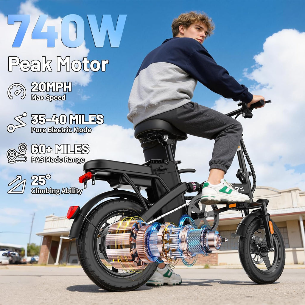 Foldable Electric Bike for Adults and Teens, 740W Peak Motor Ebike with 48V 10AH/20AH Removable Battery, 30-60 Miles PAS Range, 14' Folding Mini E-Bike, 20MPH Electric Bicycle for Daily Commuting