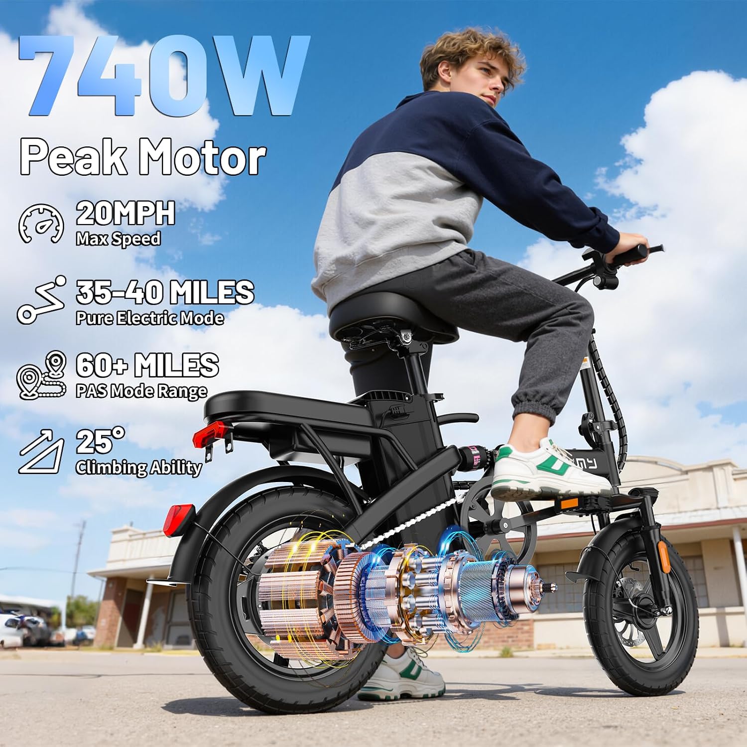 Foldable Electric Bike for Adults and Teens, 740W Peak Motor Ebike with 48V 10AH/20AH Removable Battery, 30-60 Miles PAS Range, 14' Folding Mini E-Bike, 20MPH Electric Bicycle for Daily Commuting