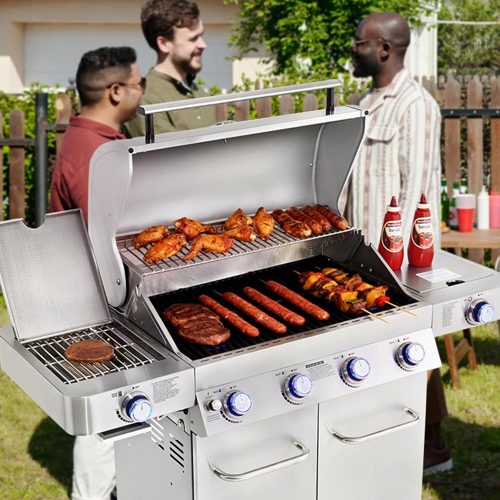 Monument Grills Larger 4+2 Burner Propane Gas Grills Stainless Steel Cabinet Style with Side & Side Sear Burners, Built-In Thermometer, and Knob Controls