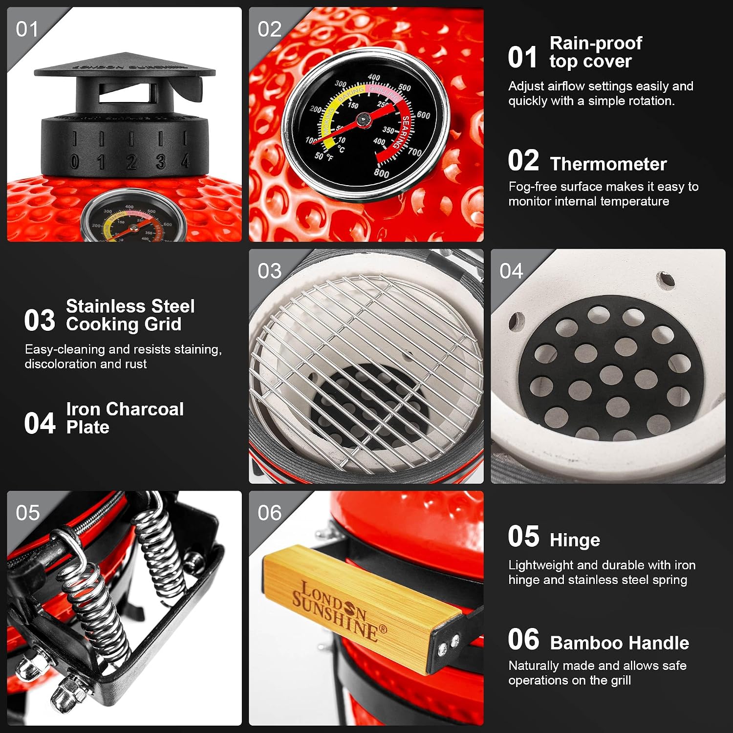 Upgraded 13 inch Ceramic Kamado Grill with Waterproof Air Vent Cap | Portable Tabletop Charcoal BBQ Grill Smoker for Outdoor Cooking, Patio, Camping | Red