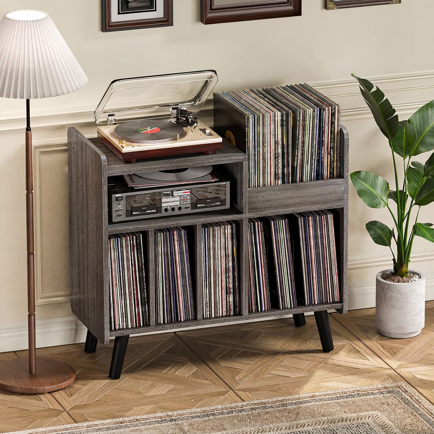 Record Player Stand, Large Record Player Table Cabinet with Open Vinyl Storage and Display Shelf Holds up to 250 Albums, Mid Century Wood Turntable for Living Room, Bedroom (Grey)
