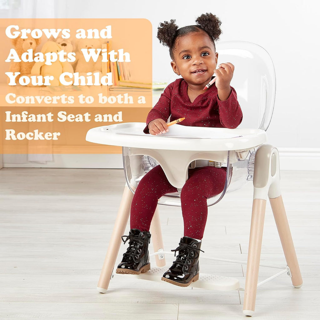 Primo Vista 3-in-1 Convertible High, Toddler, & Rocking Chair, Clear, Transparent Seat, Grows with Child, Modern Style, Adjustable Wooden Legs, Easy to Use, Assemble, Safe & Sturdy, 21.5 x 25 x 40.5'
