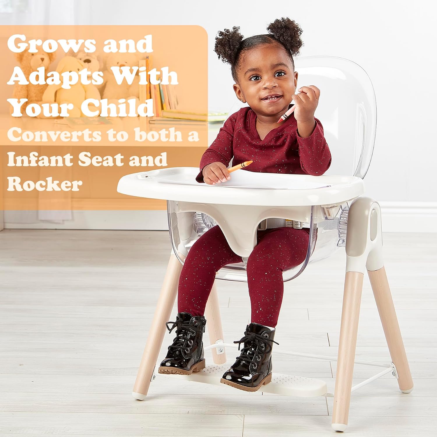 Primo Vista 3-in-1 Convertible High, Toddler, & Rocking Chair, Clear, Transparent Seat, Grows with Child, Modern Style, Adjustable Wooden Legs, Easy to Use, Assemble, Safe & Sturdy, 21.5 x 25 x 40.5'