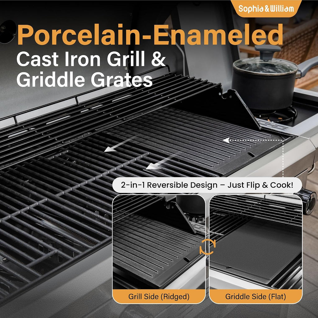 Sophia & William 6-Burner Propane Gas BBQ Grill with Side Burner & Porcelain-Enameled Cast Iron Grates, Gas Grill Griddle Combo for Outdoor Cooking, Barbecue Events, 740 SQ.IN. Cooking Area, Black