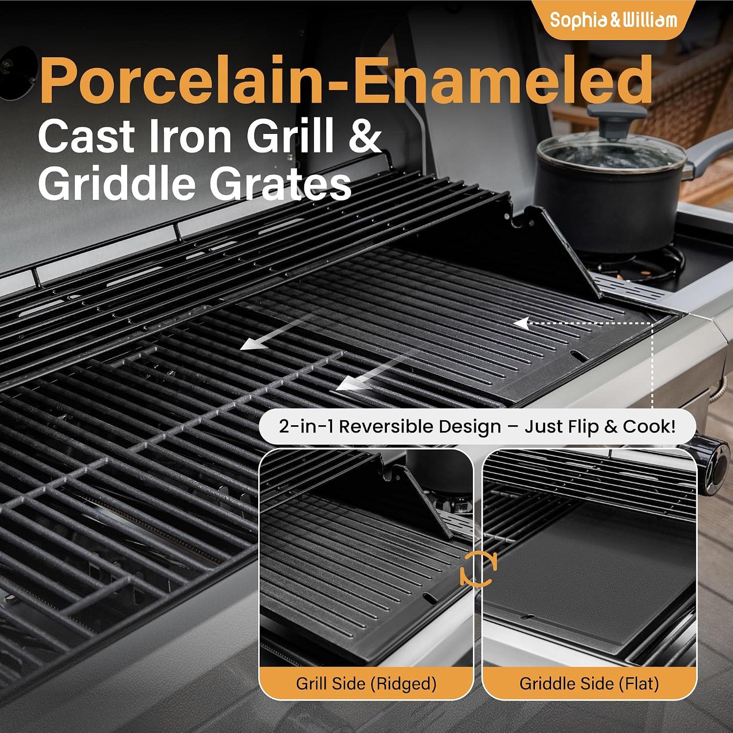 Sophia & William 6-Burner Propane Gas BBQ Grill with Side Burner & Porcelain-Enameled Cast Iron Grates, Gas Grill Griddle Combo for Outdoor Cooking, Barbecue Events, 740 SQ.IN. Cooking Area, Black