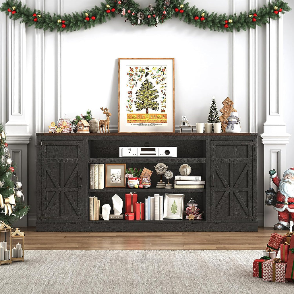Hlivelood 75' Farmhouse TV Stand with Power Outlets for 85 Inch TVs, 33' Tall Entertainment Center with Storage Cabinets w/Adjustable Shelves, Rustic Large TV Media Console, Black