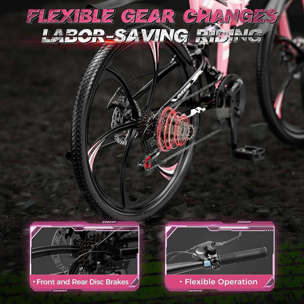 Outroad 26 Inch Folding Mountain Bike, 21 Speed Full Suspension High-Carbon Steel MTB Foldable Bicycle, Dual Disc Brake Non-Slip Folding Bikes for Adults/Men/Women, Black, Orange and Green