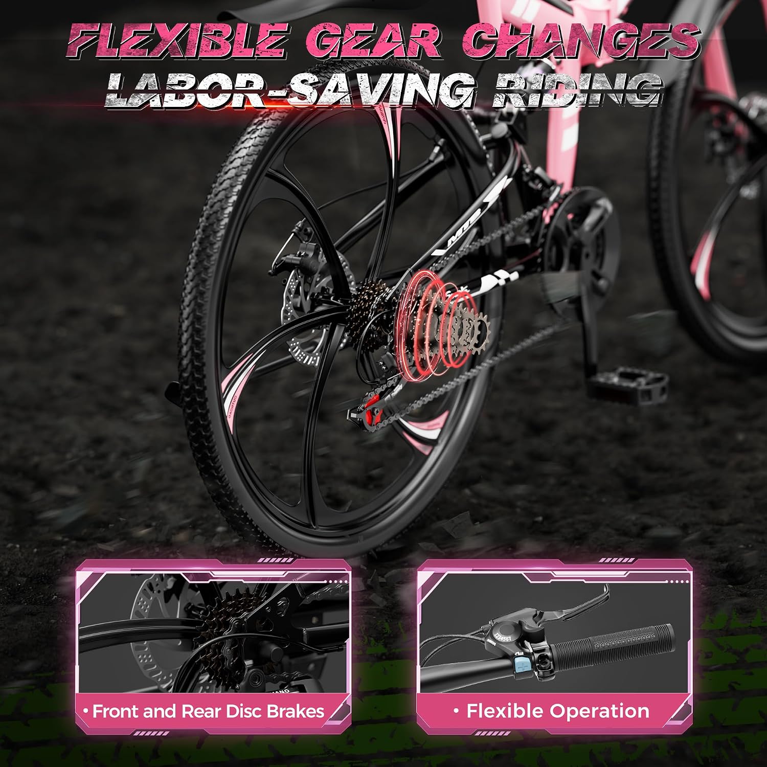 Outroad 26 Inch Folding Mountain Bike, 21 Speed Full Suspension High-Carbon Steel MTB Foldable Bicycle, Dual Disc Brake Non-Slip Folding Bikes for Adults/Men/Women, Black, Orange and Green