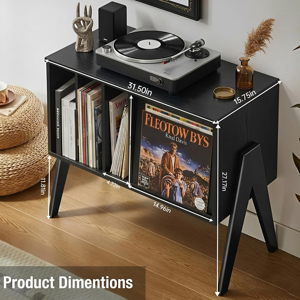 Record Player Stand with Vinyl Storage, 32' Turntable Stand with Flip-Up Album Display, Mid Century Modern Black Vinyl Record Storage Cabinet, Audio Media Console Table with V-Shape Legs