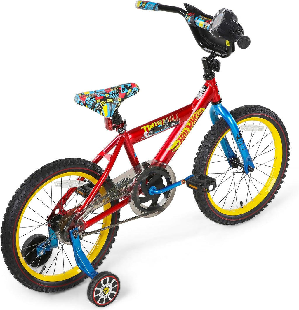 Dynacraft Hot Wheels Boys BMX Bikes Sizes 12' - 18' for Ages 3-9 Years in red, Black, with Handlebar rev Grip Play Feature