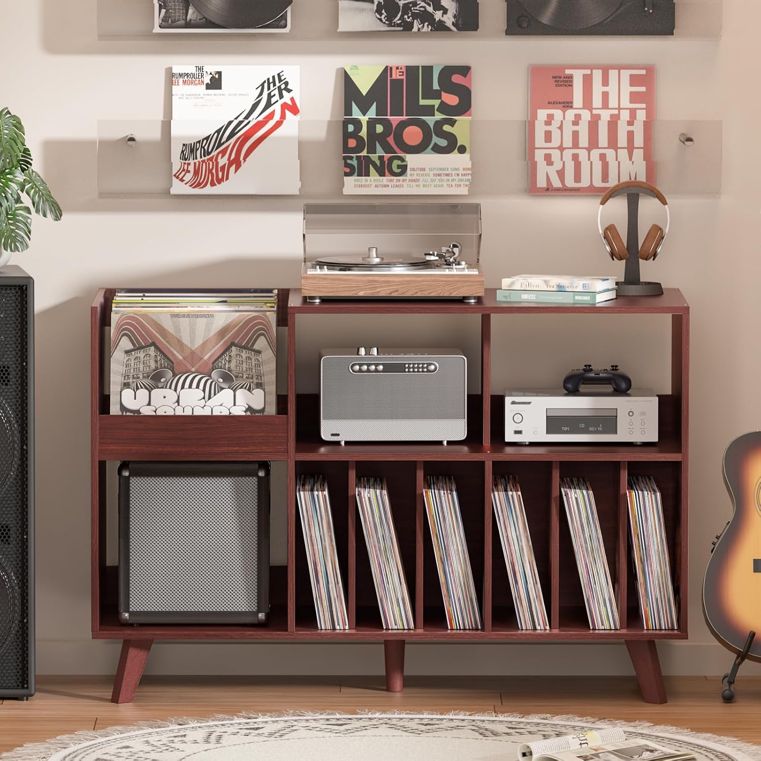 LELELINKY Large Record Player Stand, 48''Turntable Stand with Storage, Vinyl Record Holder with Display Area, Record Player Table Holds Up to 450 Albums, Record Stand for Music Room Living Room