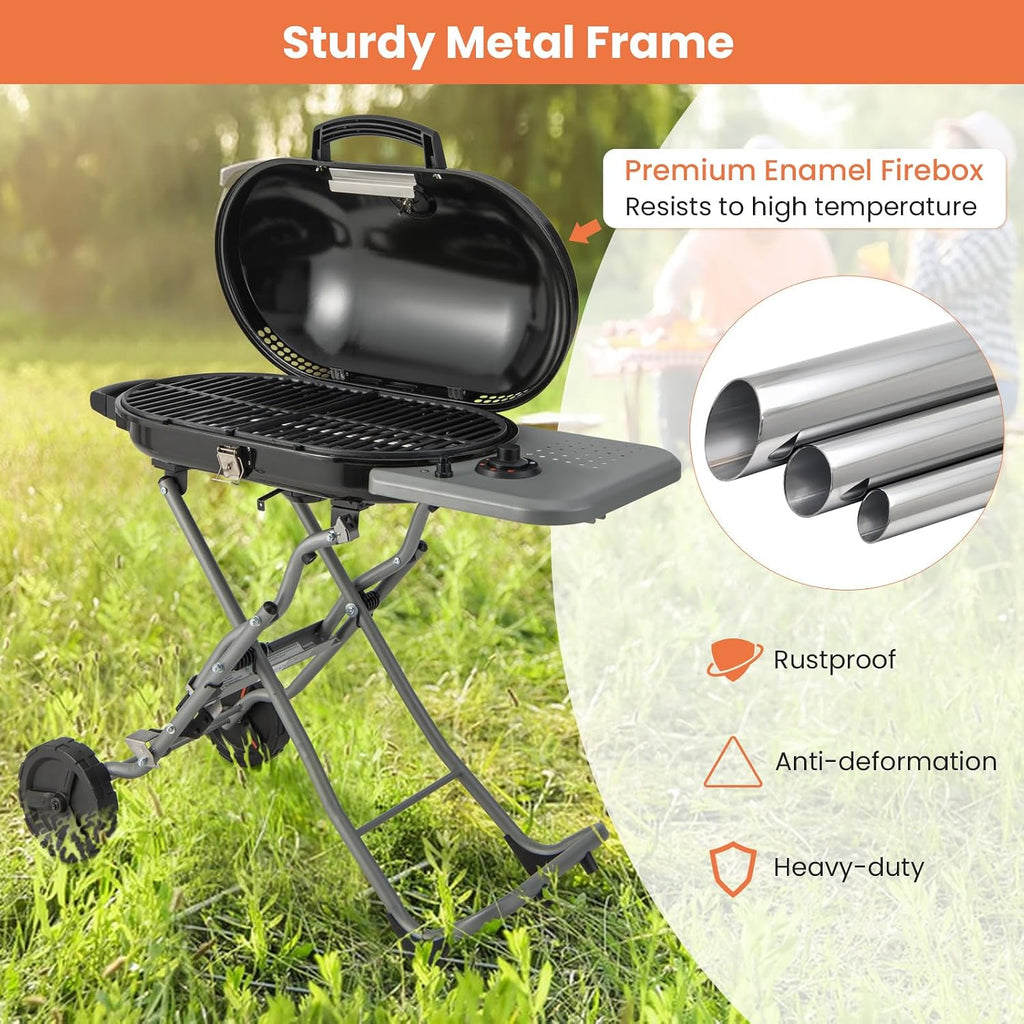 Giantex Portable Propane Gas Grill with 15,000 BTUs Burner, Side Table, 2 Wheels, Grease Tray, Metal Frame, Folding Stand-Up Propane Gas Grill for Outdoor Cooking Camping Barbecue (Black)