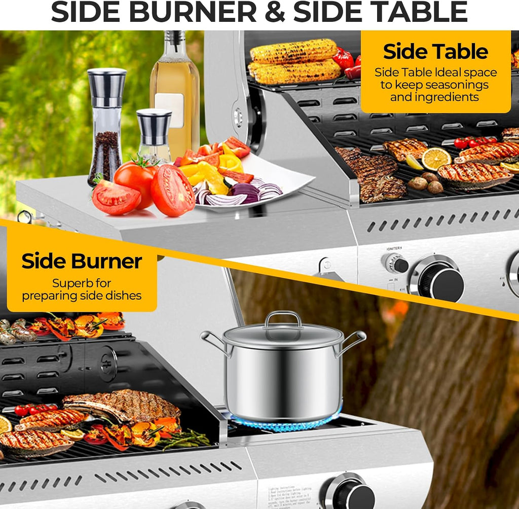 Electactic 3-Burner Propane Gas Grill with Side Burner – 34,000 BTU Stainless Steel Outdoor BBQ Grill, Cast Iron Grates, Portable with Wheels for Patio, Camping