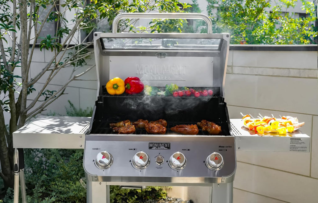 Monument Grills 4-Burner Liquid Propane Gas Grill, Silver Stainless Steel Grill Outdoor Patio Garden Barbecue Grill with Clearview® Lid and One Foldable Shelf, Mesa400MF