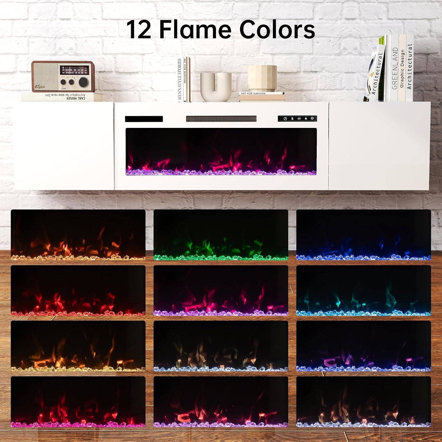 Real Relax 70' Floating TV Stand with 36' Electric Fireplace, Wall Mounted Entertainment Center with Storage, Remote Control, Modern LED Lights Fireplace TV Console for TVs Up to 80', All White