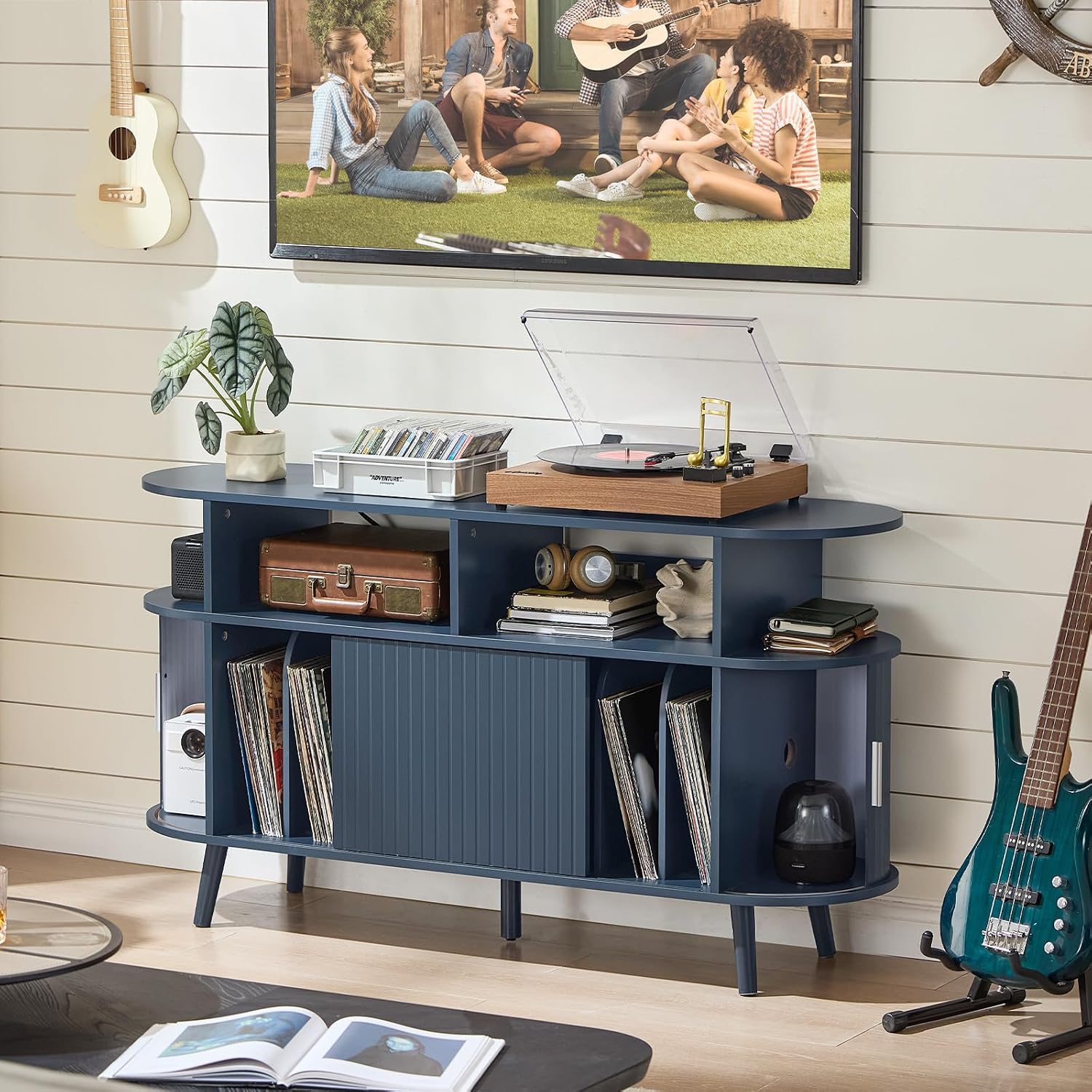 LELELINKY Extra Large Round Record Player Stand with Charging Station & Fluted Panel, Mid Century Modern Turntable Cabinet with Vinyl Storage, Arched Wood Record Player Table for Living Room,Blue