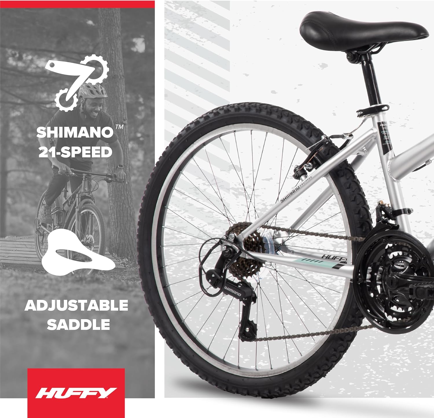 Huffy Stone Mountain Bike for Men and Women, 20'/24'/26', 6-Speed (20') or 21-Speed, Front or Dual Suspension (Varies), Multiple Colors, Adjustable Saddle, Shimano Equipped, All-Terrain Tires