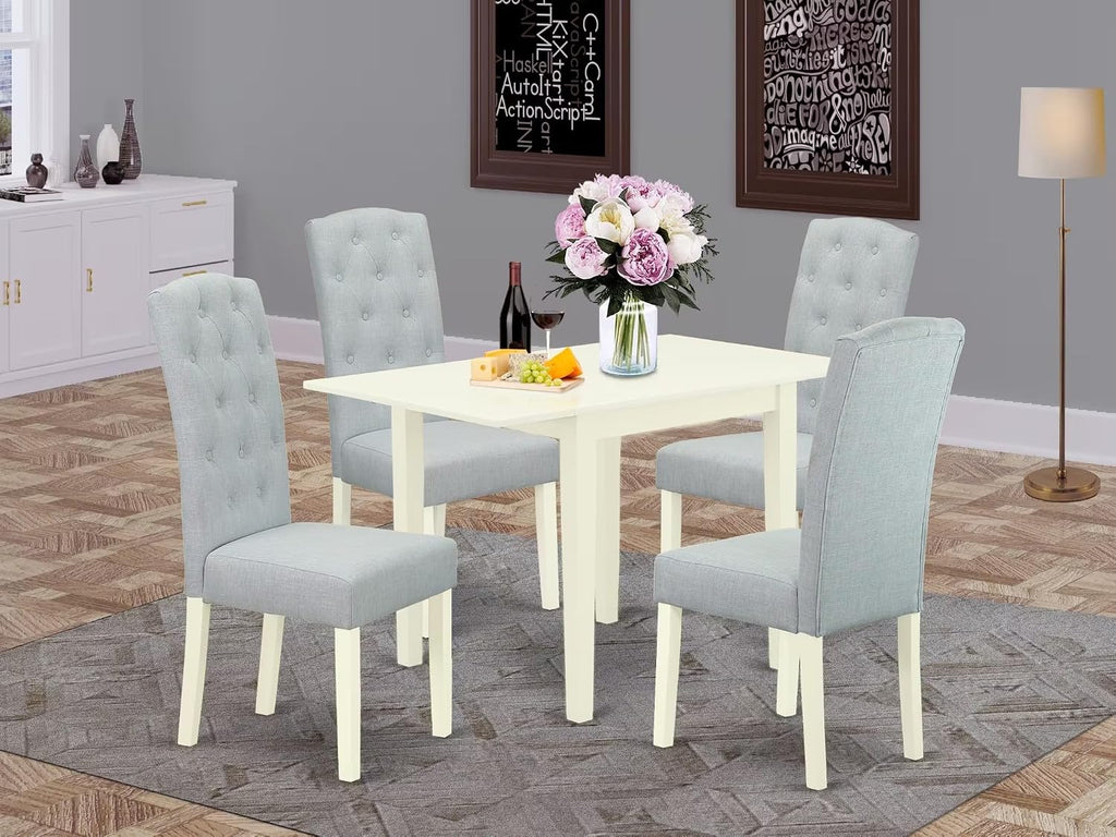 East West Furniture 1NDCE5-LWH-15 5 Piece Dining Table Set Includes a Rectangle Kitchen Table with Dropleaf and 4 Baby Blue Linen Fabric Upholstered Chairs, 30x48 Inch, Linen White