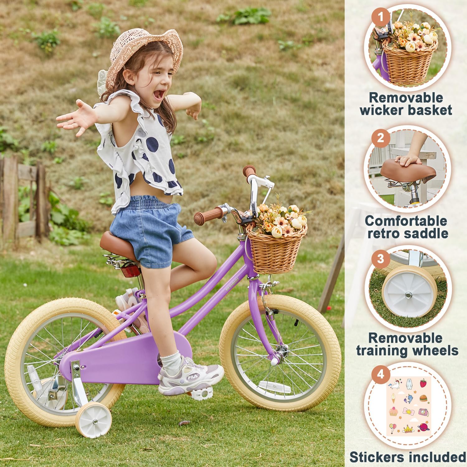 Petimini Vintage Kids Bike for Girls, 12–20 Inch Classic Bicycle with Wicker Basket & Bell, High Tensile Steel Frame, Training Wheels (12–18'), 85% Pre-Assembled, Retro Bike for Outdoor Riding