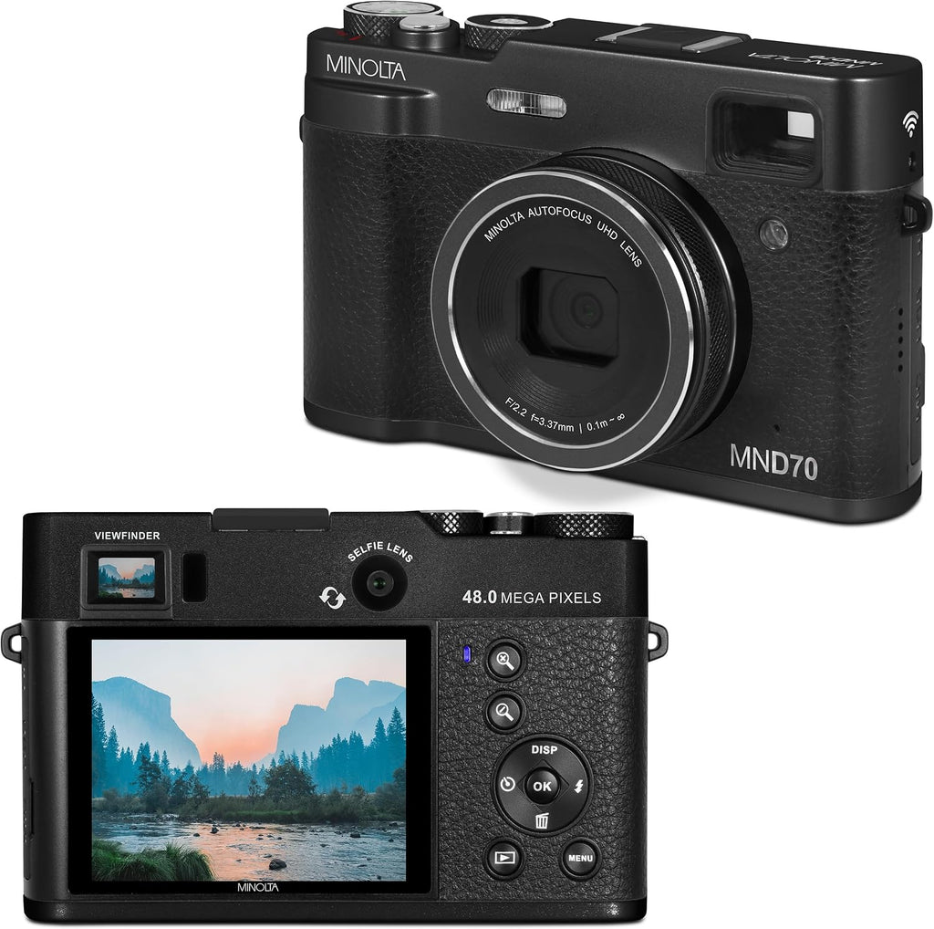 Minolta Retro Digital Camera – 48MP Autofocus Compact with 5K Ultra HD Video, Rear Selfie Lens, 16x Zoom, WiFi, 2.8-inch LCD Screen, Digital Stabilization, Optical Viewfinder, 32GB Card (Black)
