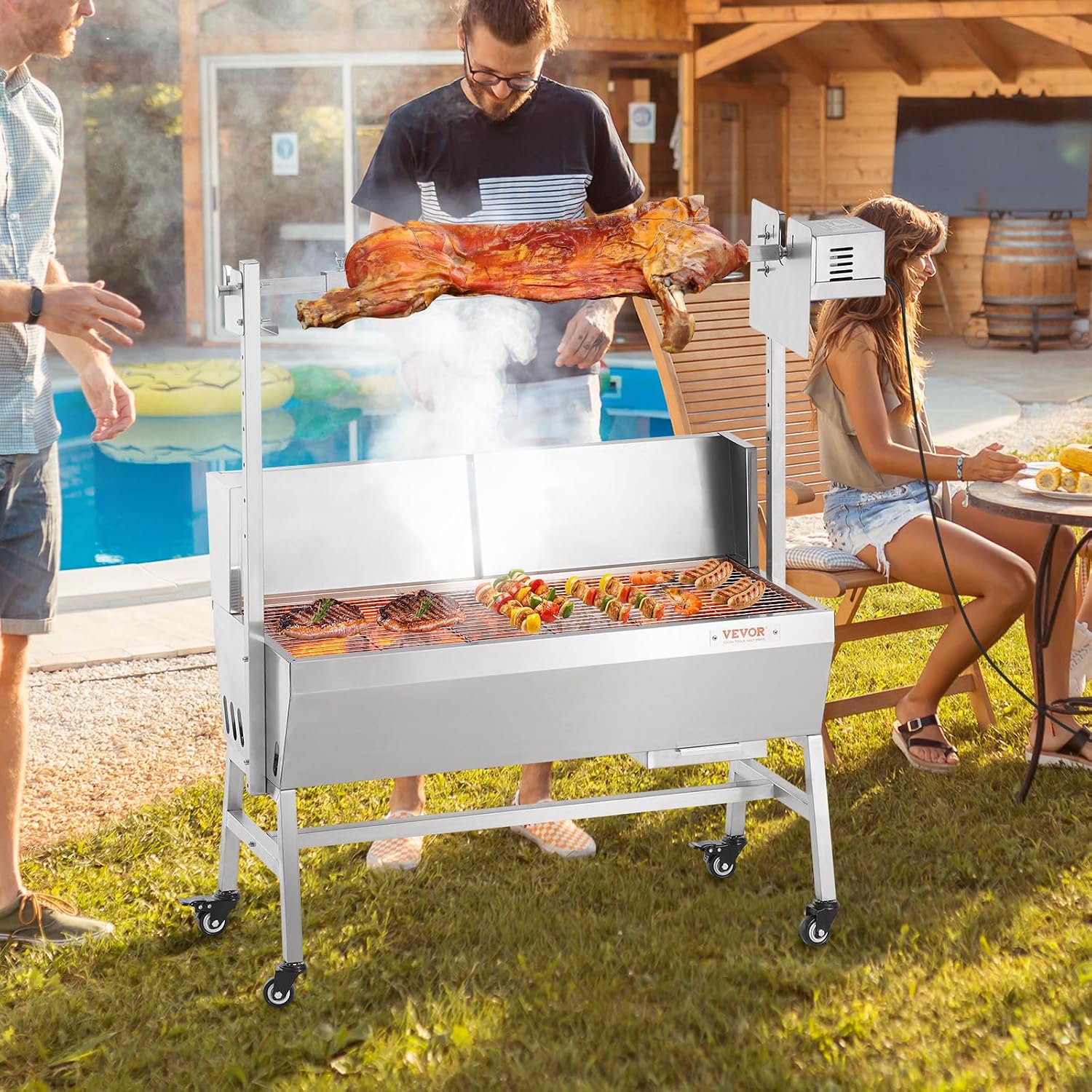 VEVOR Rotisserie Grill with Windscreen, BBQ Whole Pig Lamb Goat Charcoal Spit Grill, 35 Inch 90 Lbs Capacity, Electric 42W Motor Stainless Steel Roaster with Lockable Wheels, for Camping Outdoor