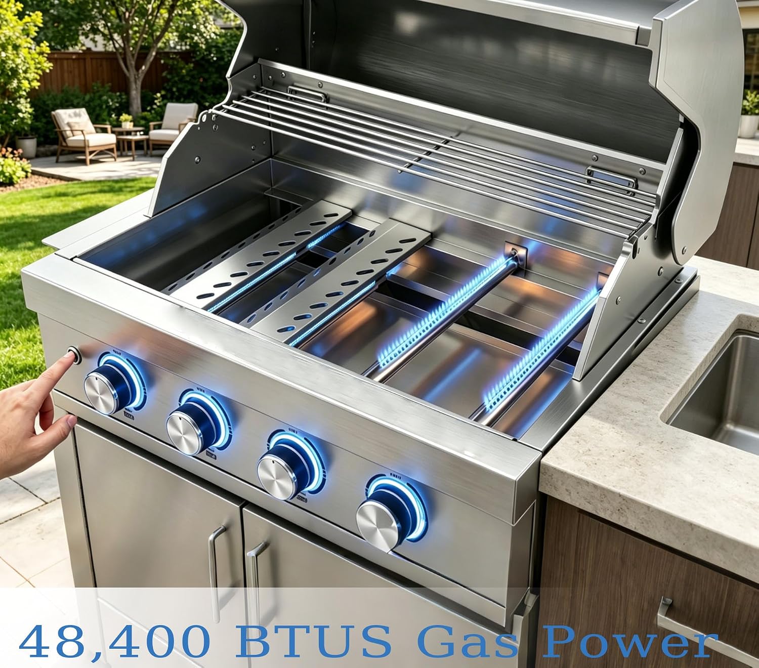 28-inch Built-in Gas Grill, 4 Burner Propane Gas Grill 48,400 BTU, 304 Stainless Steel, Charcoal and Propane Gas Dual Fuel for Patio Backyard Parties Barbecue