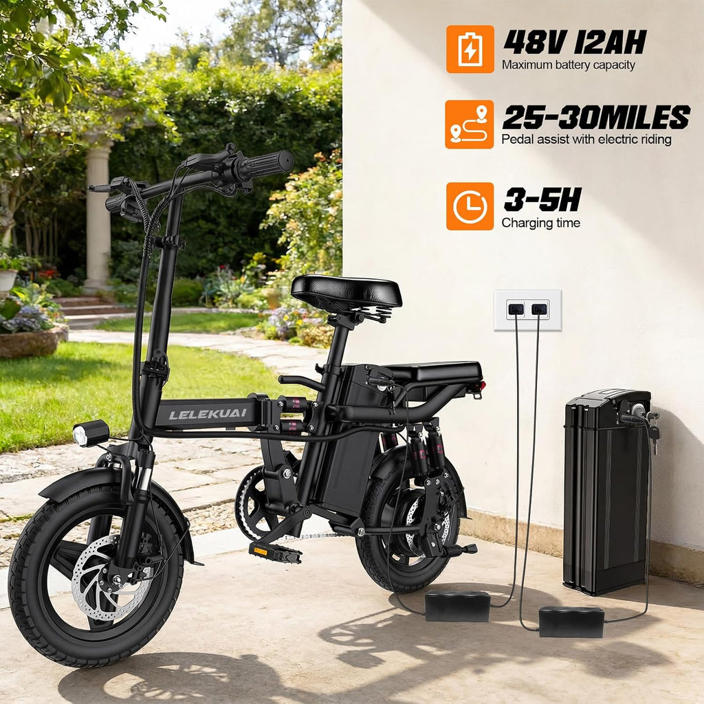 LELEKUAI Electric Bike for Adults and Teens, 520W-560W Motor, 20-24MPH, 32 Miles Range, 48V 10Ah Battery, 3-Level Pedal Assist, 14' Foldable Mini Electric Bicycle, UL 2849 Certified