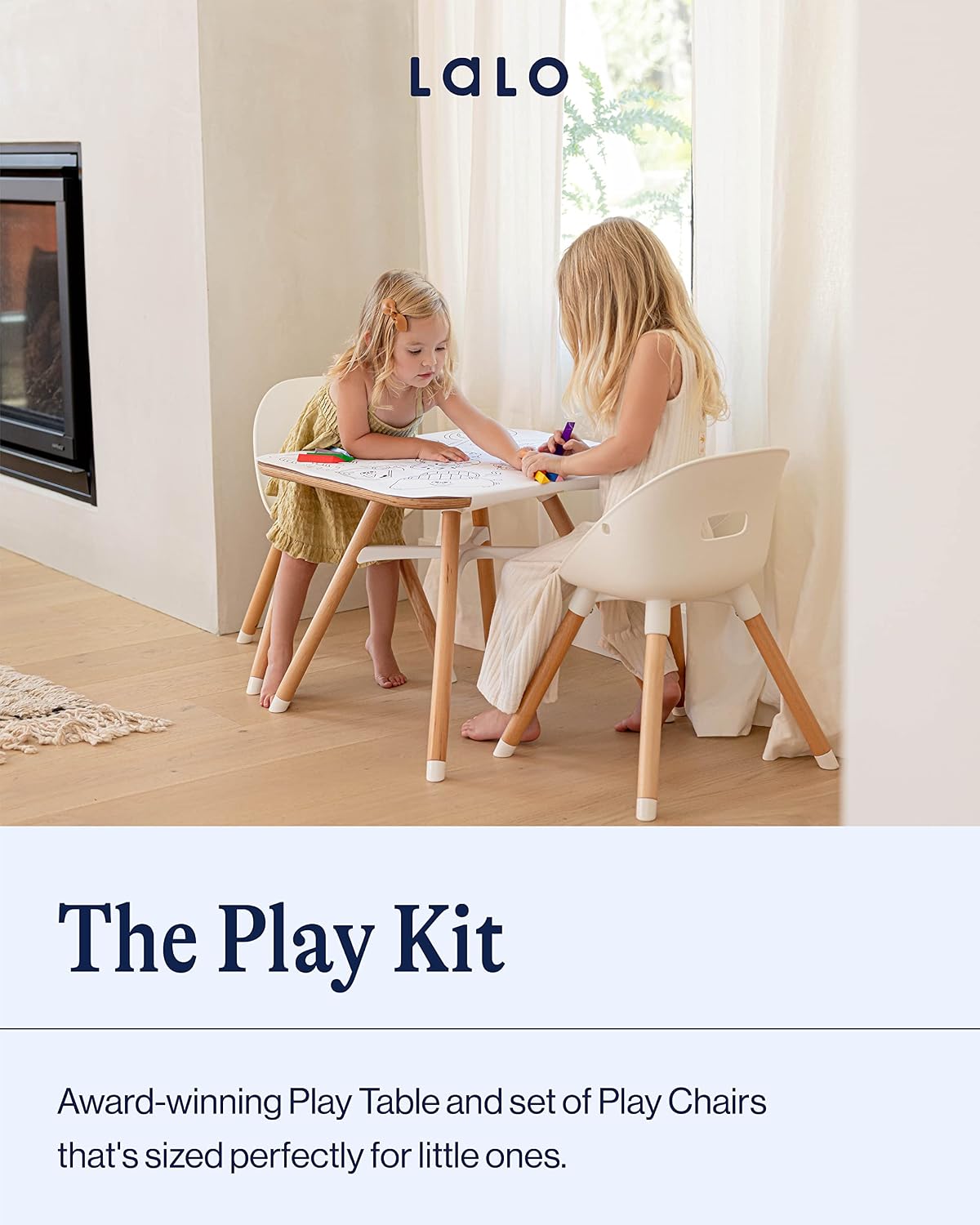 Lalo The Play Kit - Kids Table & Chairs Set with Sustainably Sourced Wood Table & 2 Non-Toxic Bucket Seat Chairs - Safe & Comfortable - Natural/Licorice