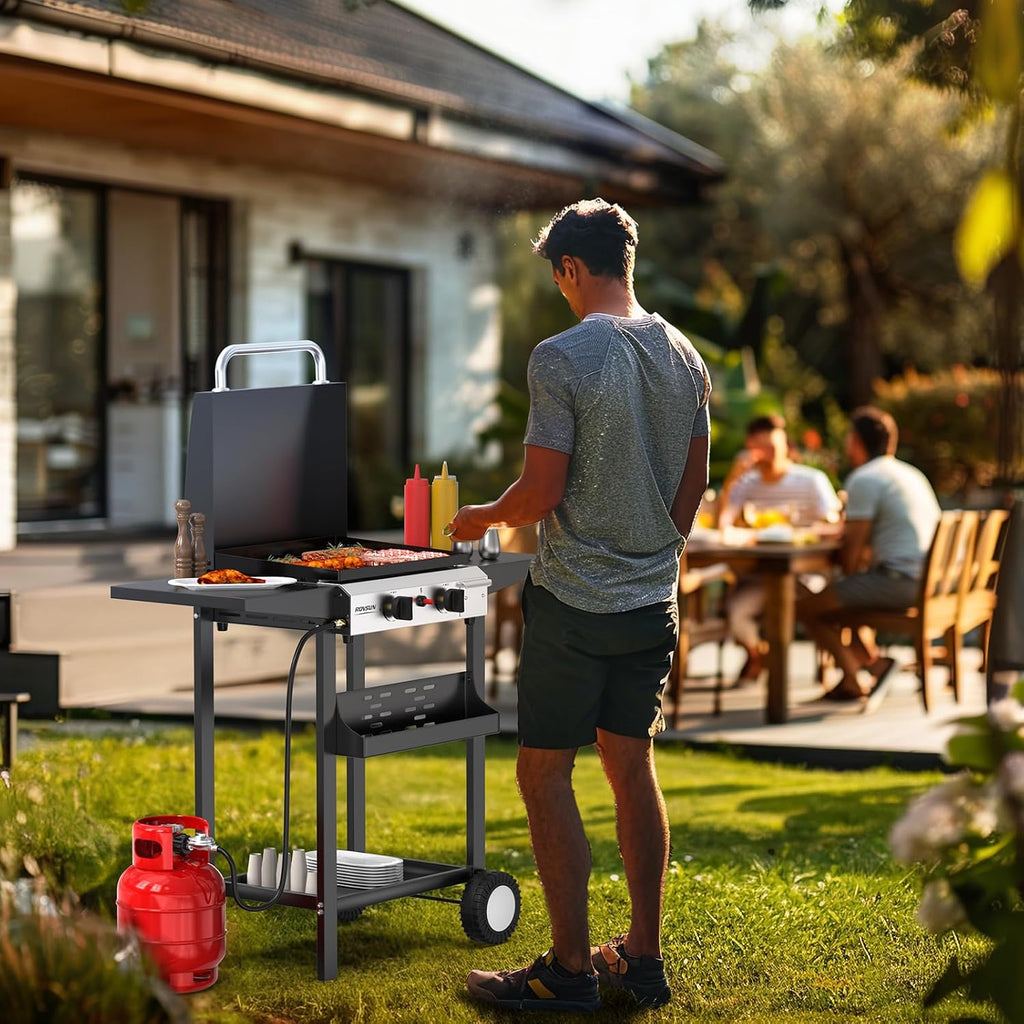 ROVSUN 2 Burner Portable Propane Griddle with Enameled Tray & Lid, 20000 BTU Rolling Flat Top Gas Grill with Electronic Ignition, Side Shelves & Regulator for Outdoor Cooking Camping BBQ Tailgating