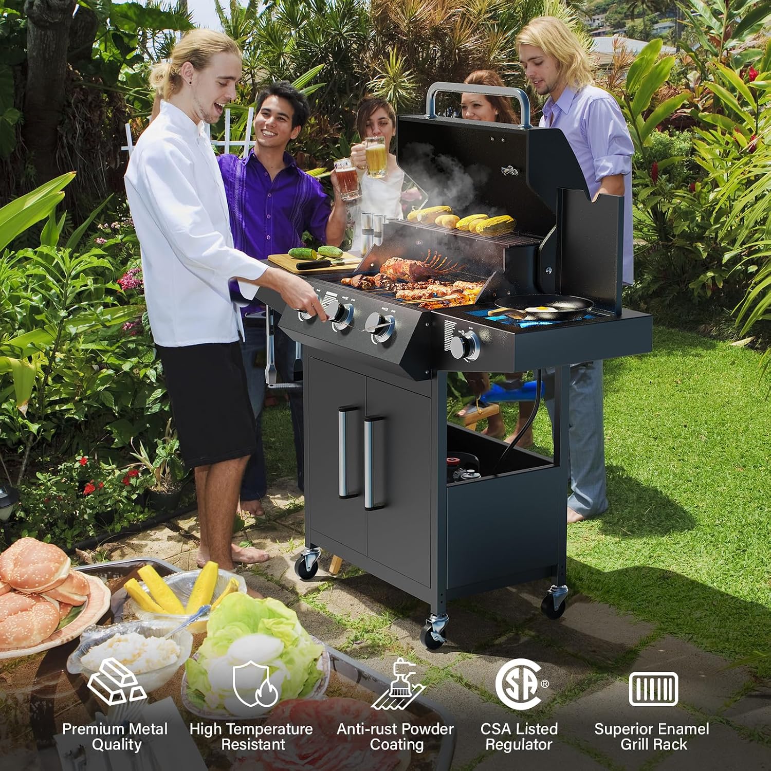 ROVSUN 3 Burner Propane Gas Grill with Side Burner, 46,000BTU BBQ Grills with Enameled Cast Iron Grates, Shelf & Cabinet for Outdoor Garden Patio Backyard Barbecue Cooking