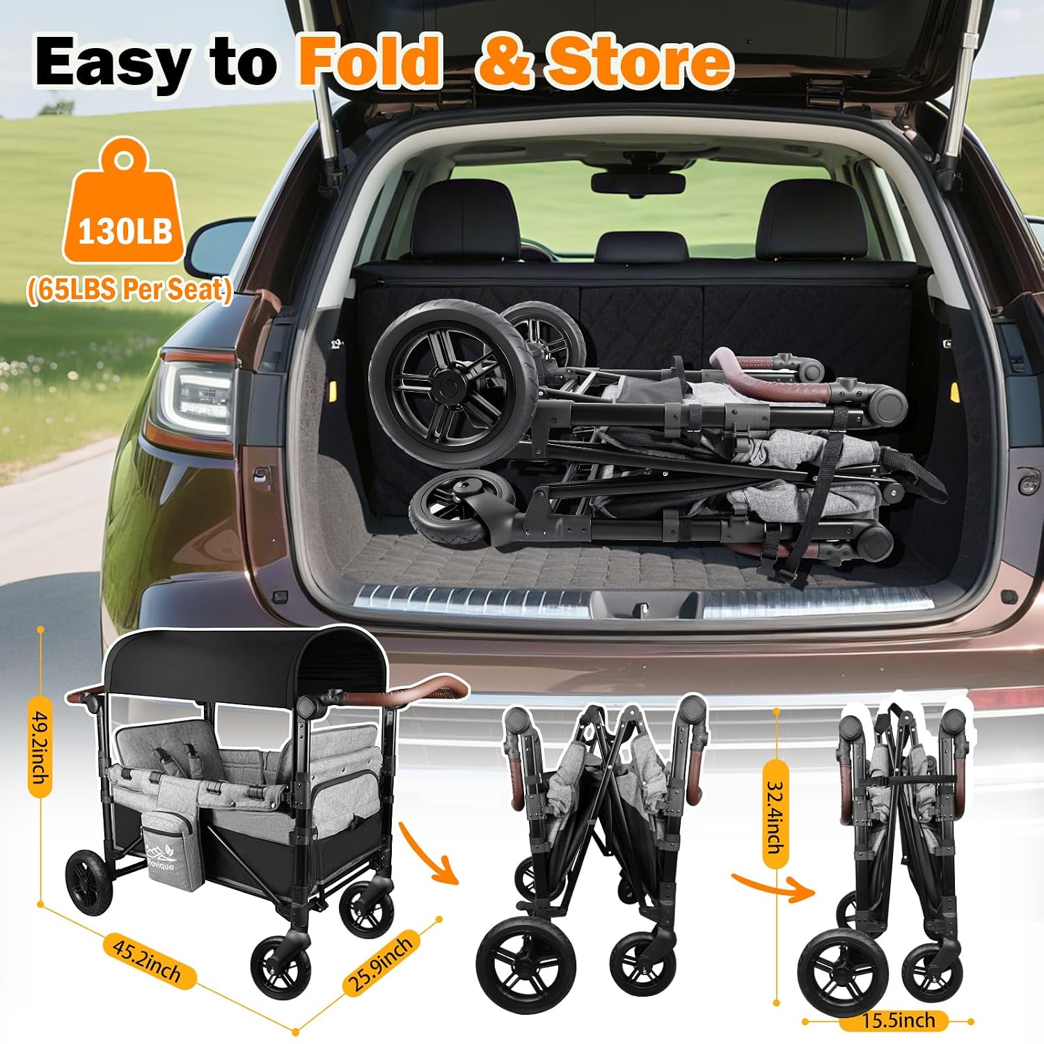 Wagon Stroller, Foldable 2 Seater Stroller Wagon for Kids with Extra Long Extender, Aluminum All-Terrain Baby Wagon with Convertible Seats, Adjustable Handle, Removable Canopy, Snack Tray, Cup Holder