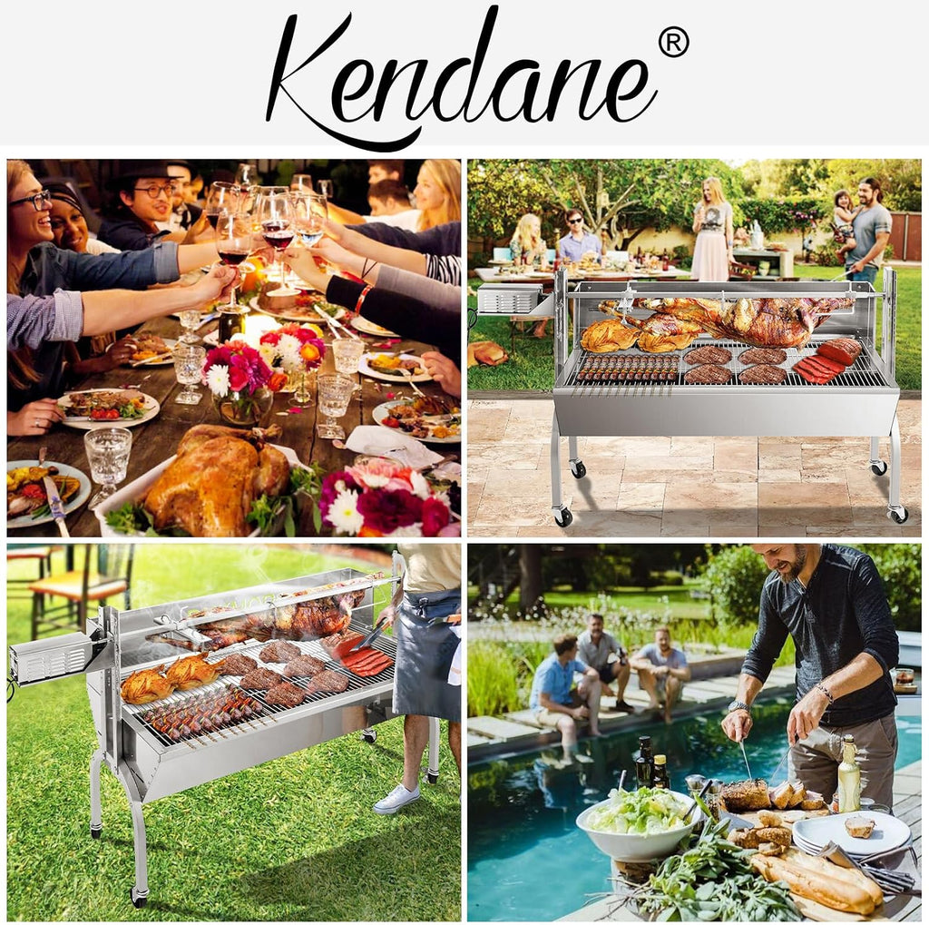 Kendane Rotisserie Grill Charcoal Spit Roaster, Stainless Steel 46' Pig Lamb Hooded Roaster Charcoal Spit with 30W Motor & Adjustable Height Lockable Casters for Party Barbecue, Rated 150 LB
