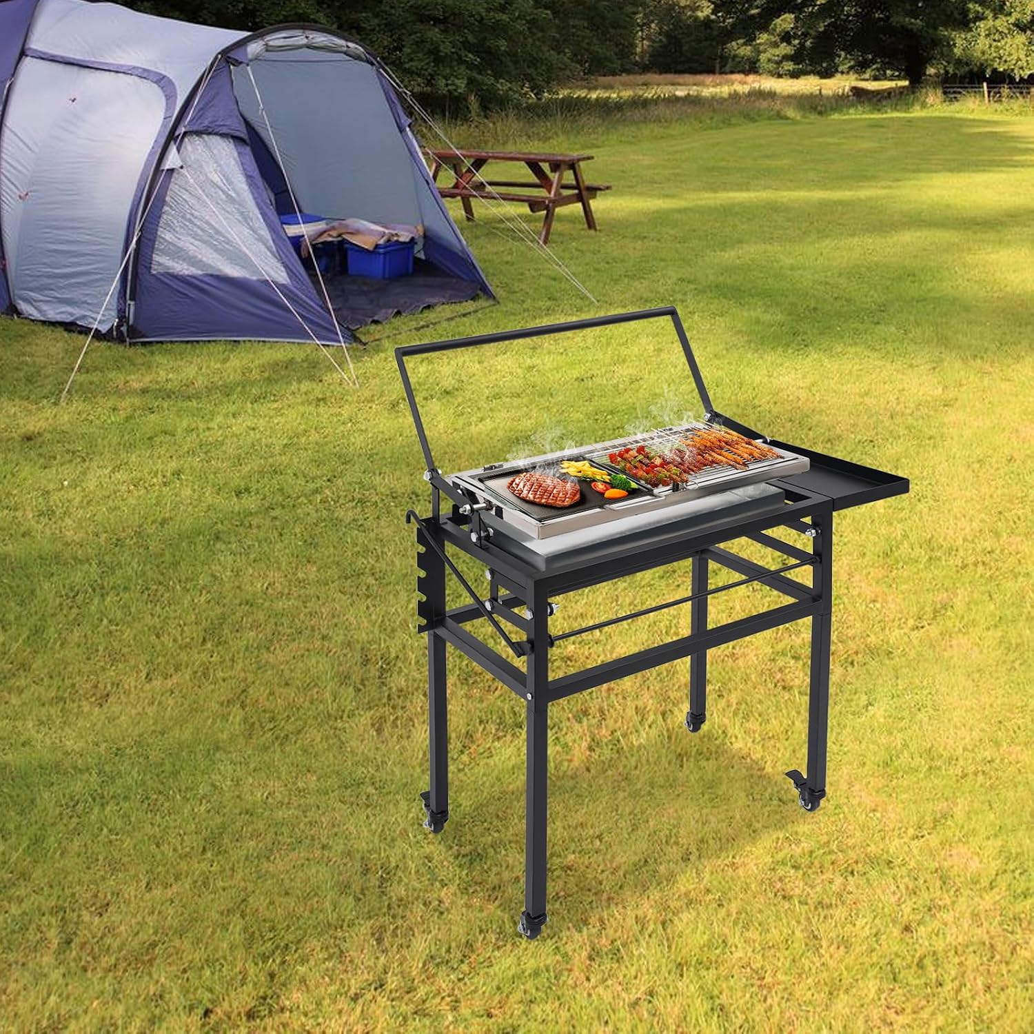 Charcoal Flip Grill & 360° Rotating BBQ Grill, Portable Tabletop Charcoal Grill with Removable Tray and Adjustable Steel Frame, Outdoor Camping and Backyard Picnic Cooking System